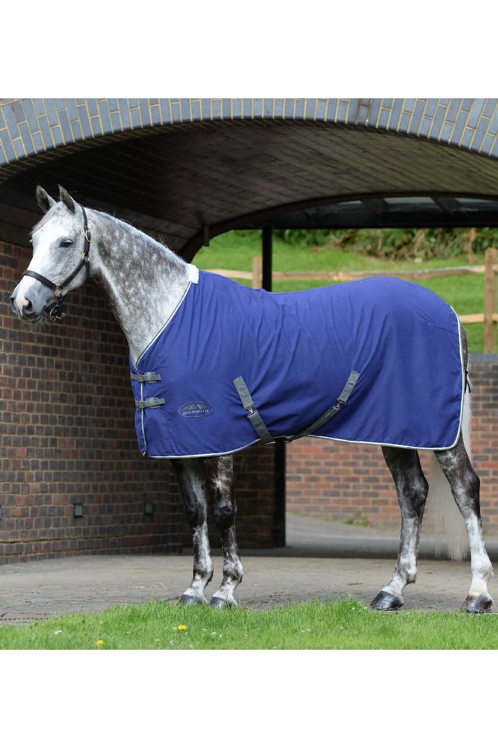 WeatherBeeta Cotton Show Sheet with Surcringles II Standard Neck in Dark Blue/Grey/White