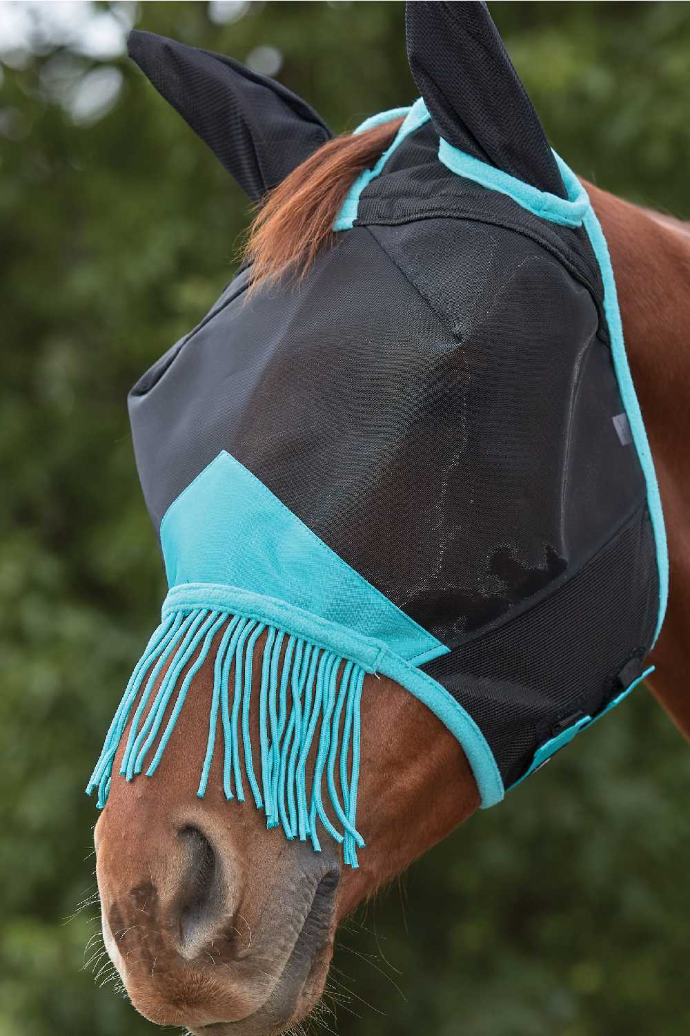 WeatherBeeta ComFiTec Deluxe Fine Mesh Mask With Ears and Tassels in Black/Turquoise
