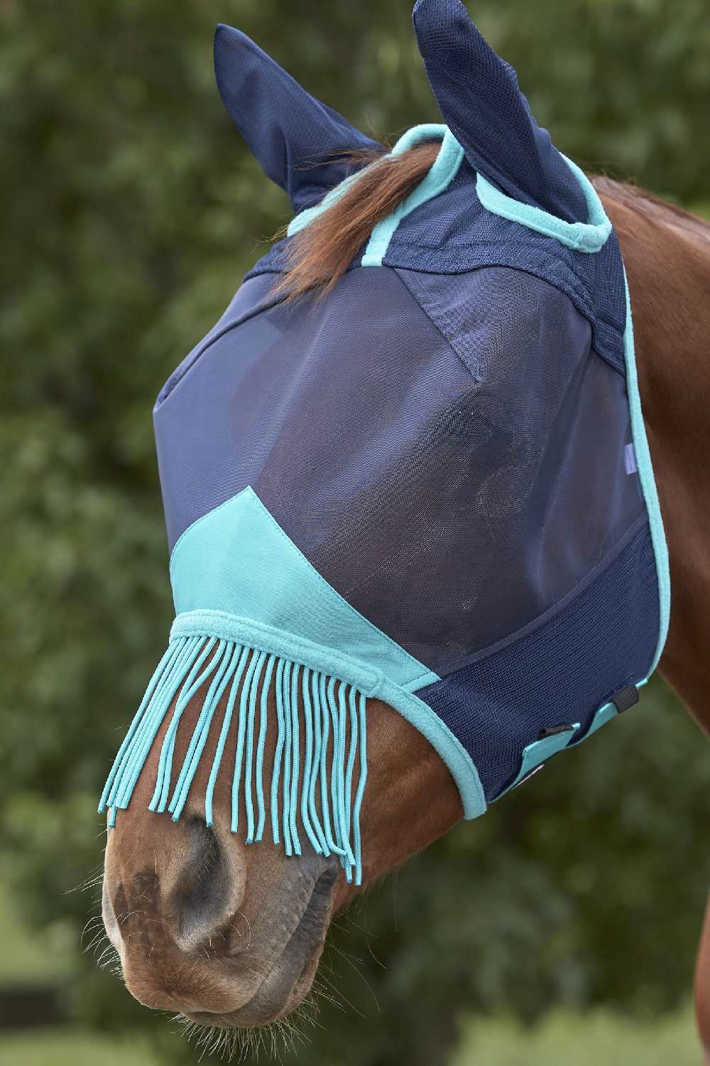WeatherBeeta ComFiTec Deluxe Fine Mesh Mask With Ears and Tassels in Navy/Turquoise