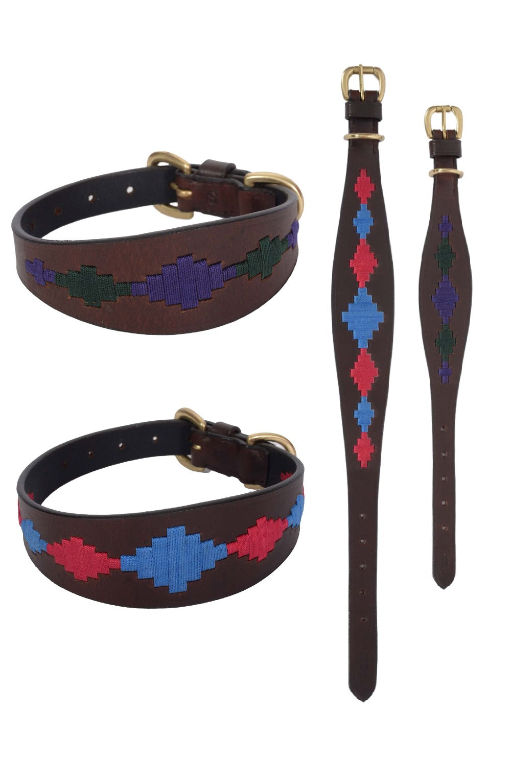WeatherBeeta Lurcher Polo Leather Dog Collar in Beaufort Brown/Pink/Blue, Beaufort Brown/Purple/Teal