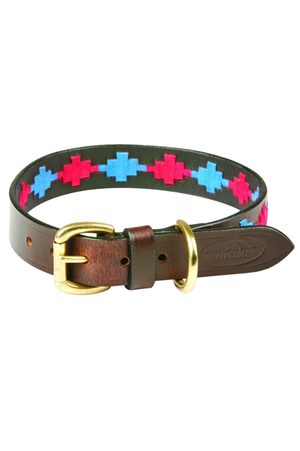 WeatherBeeta Polo Leather Dog Collar in Beaufort Brown/Pink/Blue