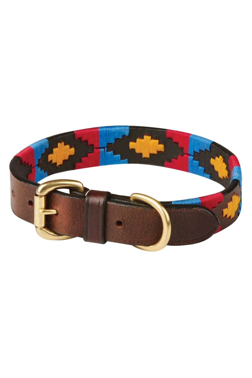 WeatherBeeta Polo Leather Dog Collar in Cowdray Brown/Pink/Blue/Yellow