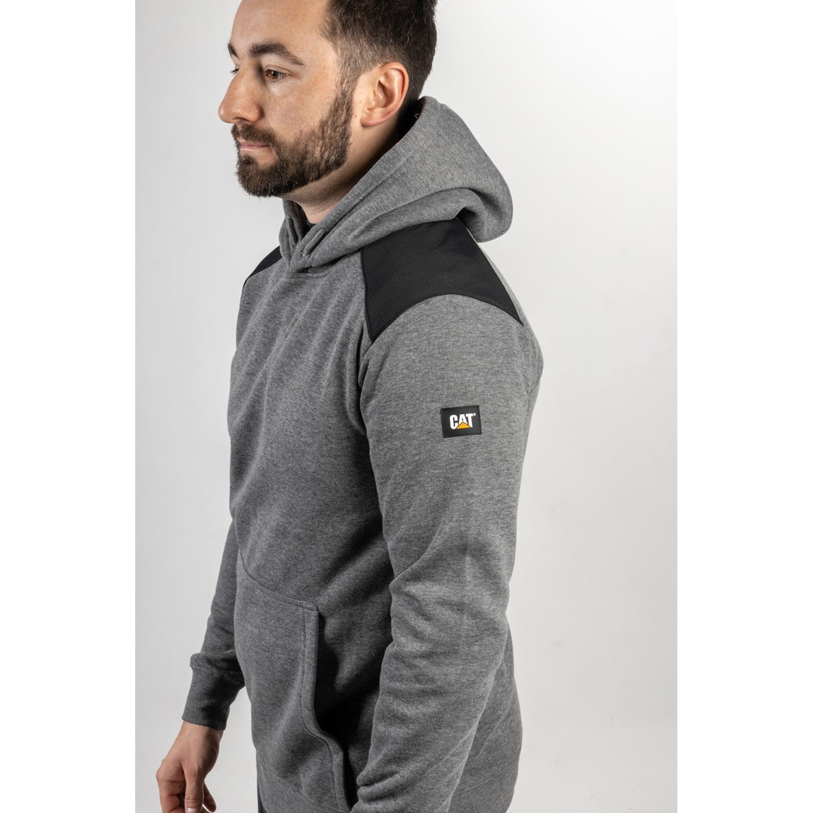 Caterpillar Essentials Hooded Sweatshirt. Dark Heather Grey. Side View