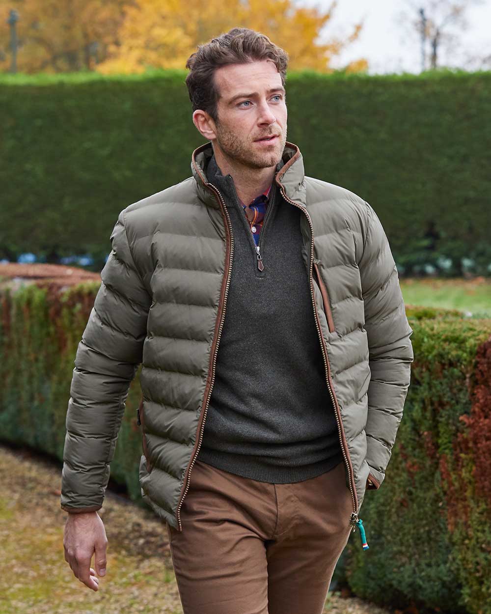 Olive Coloured Alan Paine Calsall Jacket On A Garden Background 