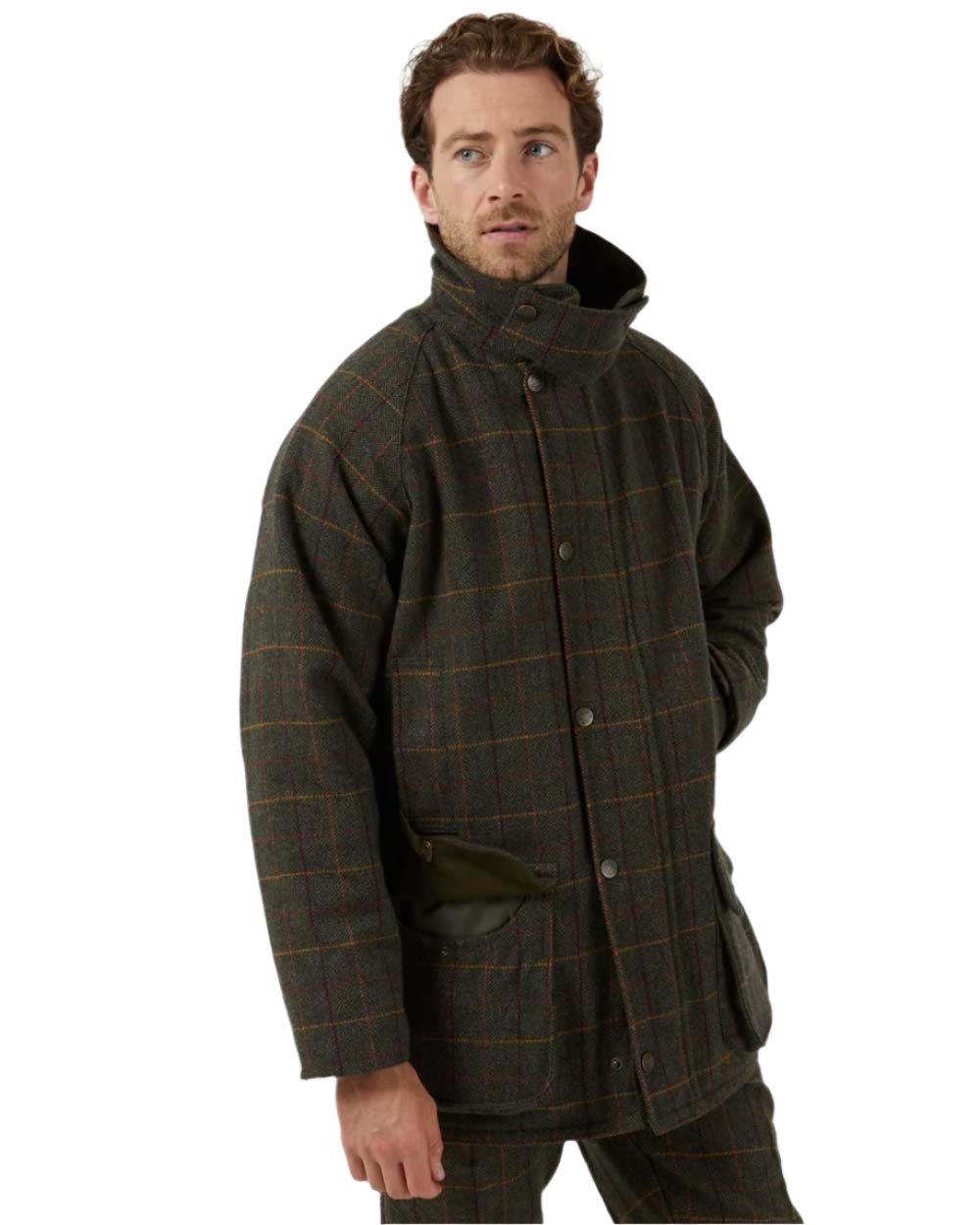 Fern coloured Alan Paine Rutland Waterproof Tweed Shooting Coat on white background 
