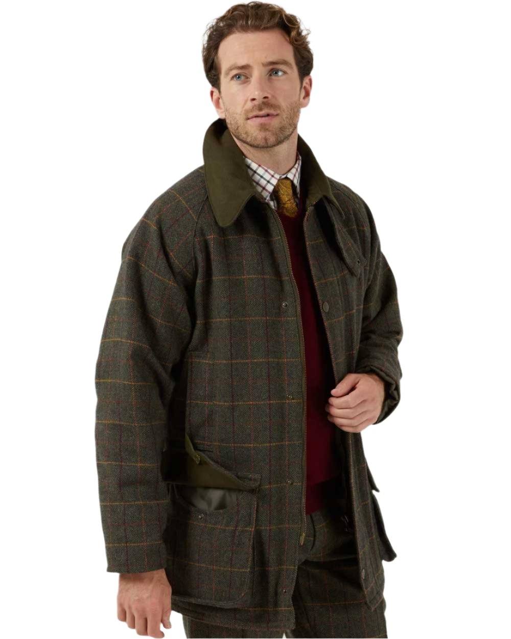 Fern coloured Alan Paine Rutland Waterproof Tweed Shooting Coat on white background 