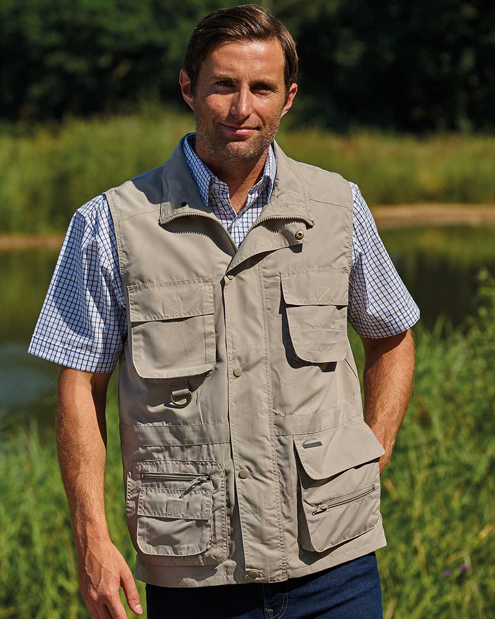 Man wearing Champion Windermere Gilet In Stone 