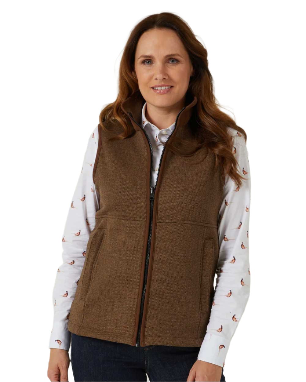 Alan Paine Aylsham Ladies Fleece Gilet in Brown Herringbone 