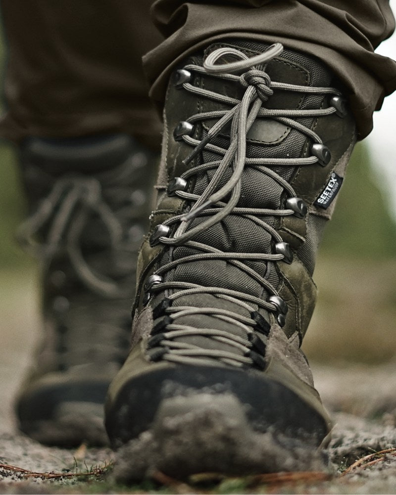 Close up image of a green lace-up Hoggs of Fife field boot.