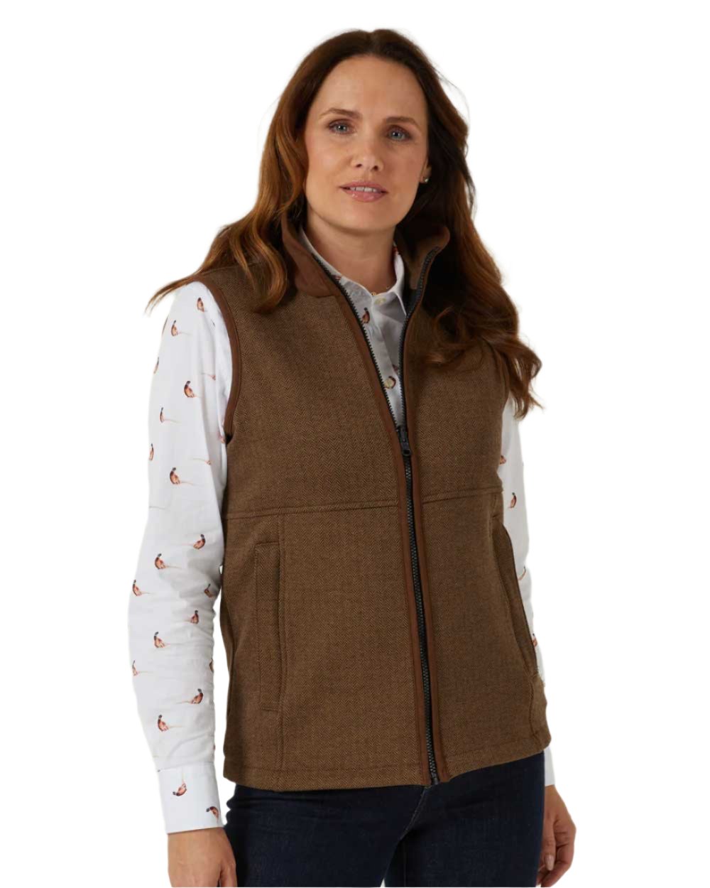 Alan Paine Aylsham Ladies Fleece Gilet in Brown Herringbone 