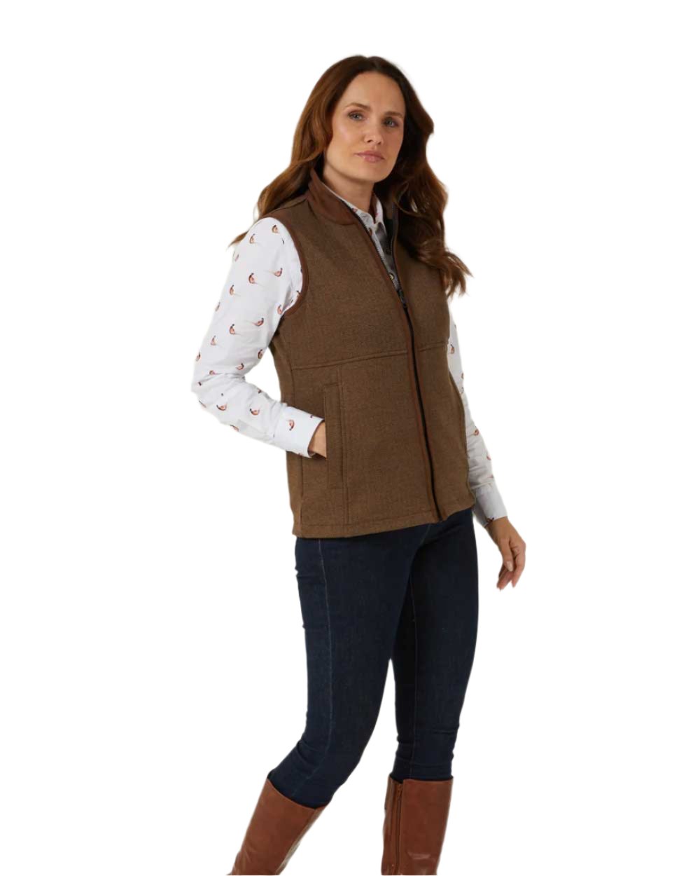 Alan Paine Aylsham Ladies Fleece Gilet in Brown Herringbone 