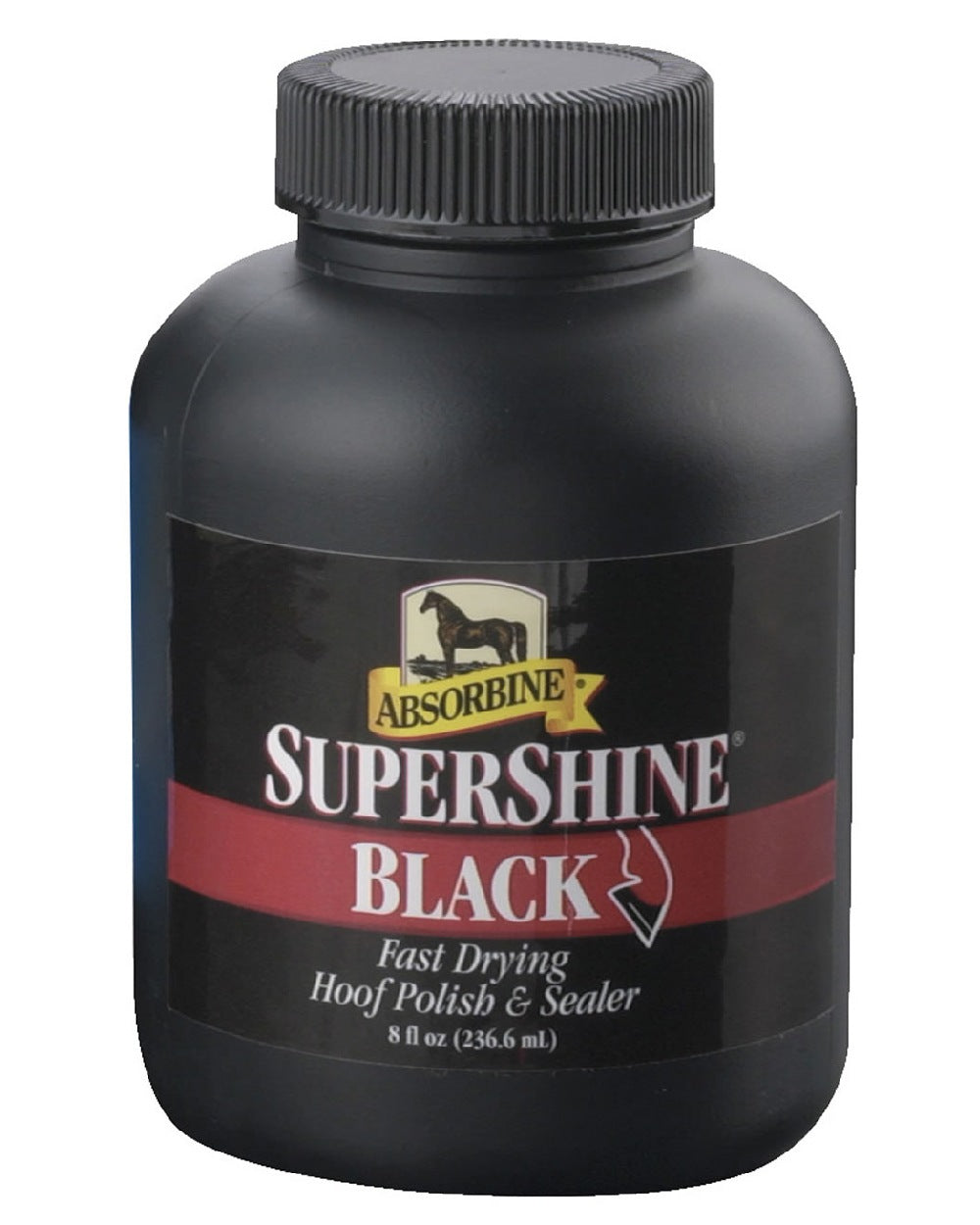 Black coloured Absorbine Supershine Hoof Polish Black on white background 