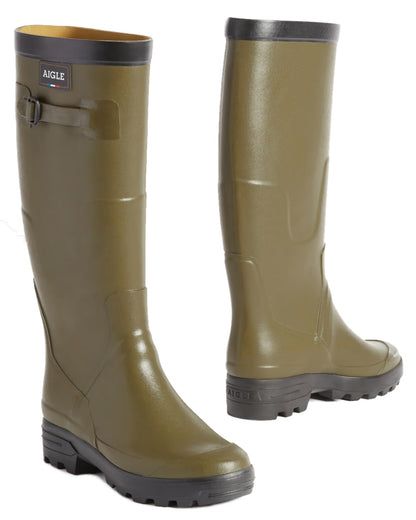 Khaki coloured Aigle Benyl Wellington Boots on white background 