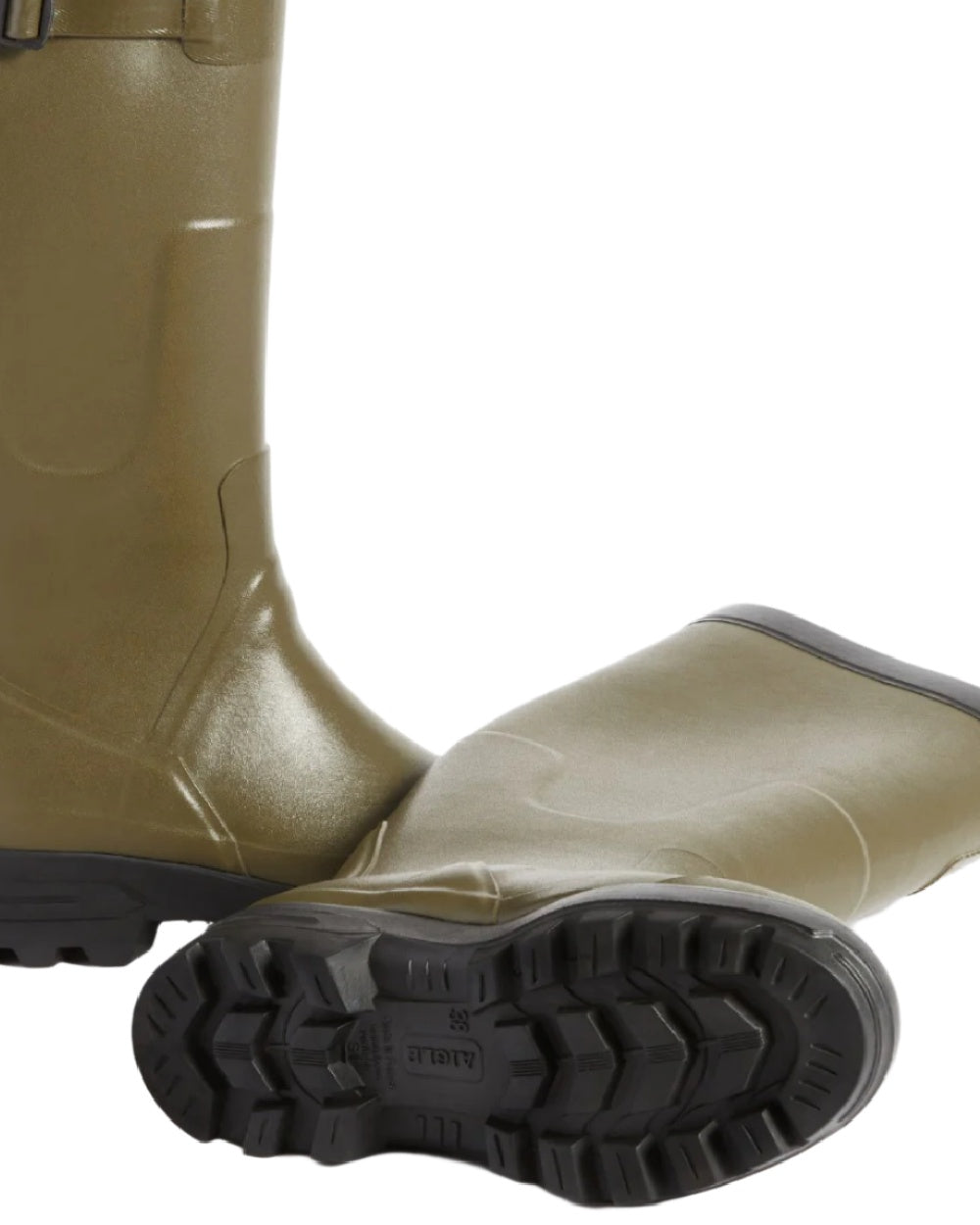 Khaki coloured Aigle Benyl Wellington Boots on white background 