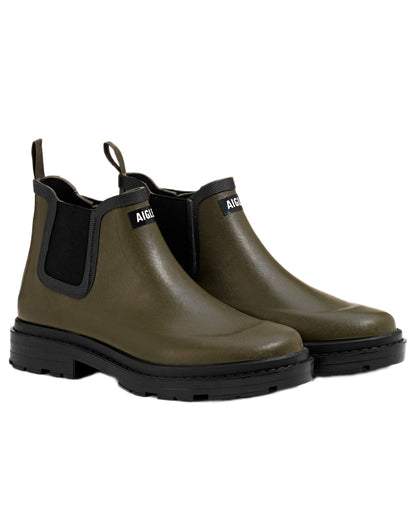 Khaki coloured Aigle Chelsea Rain Ankle Boots on white background 