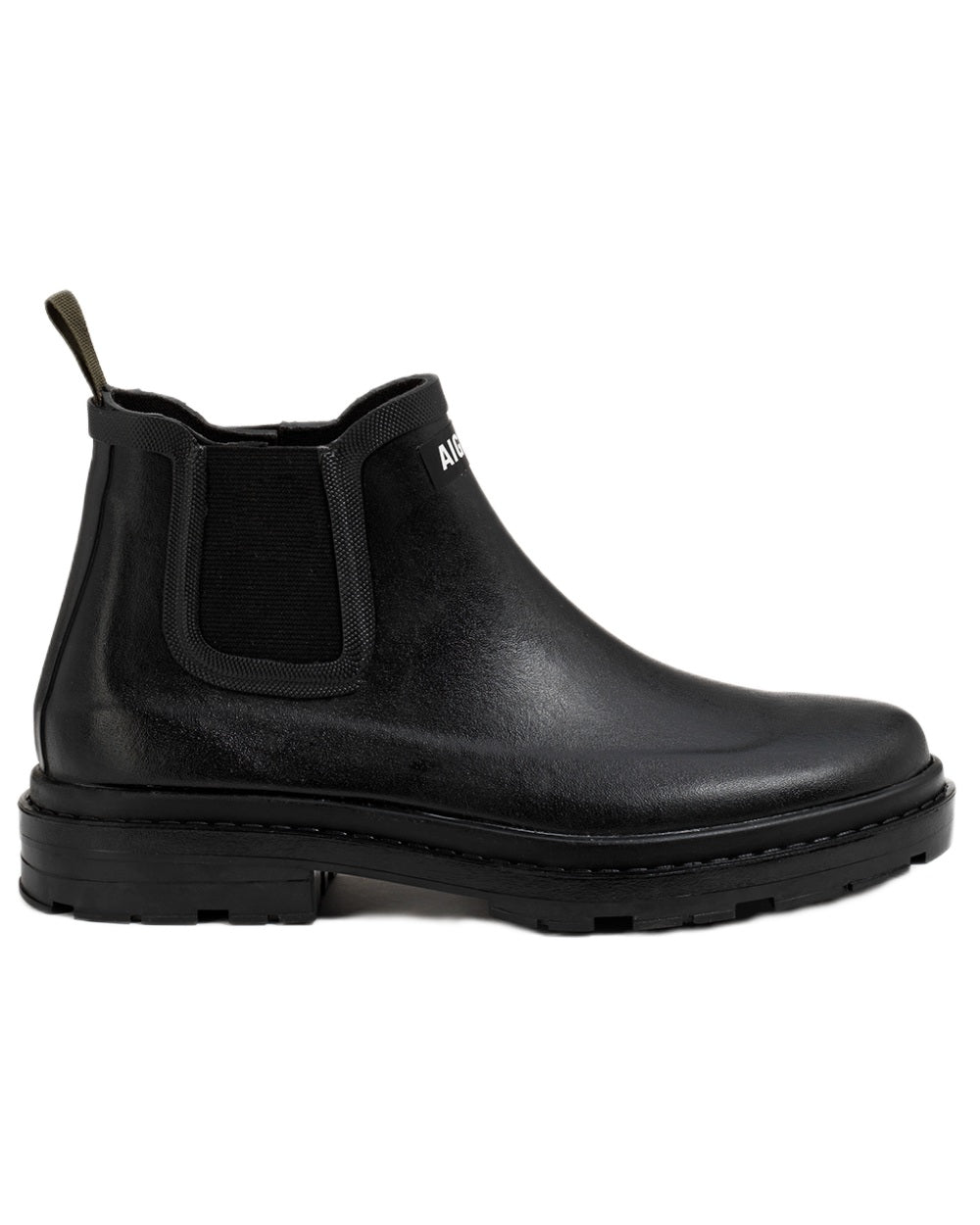 Noir coloured Aigle Chelsea Rain Ankle Boots on white background 