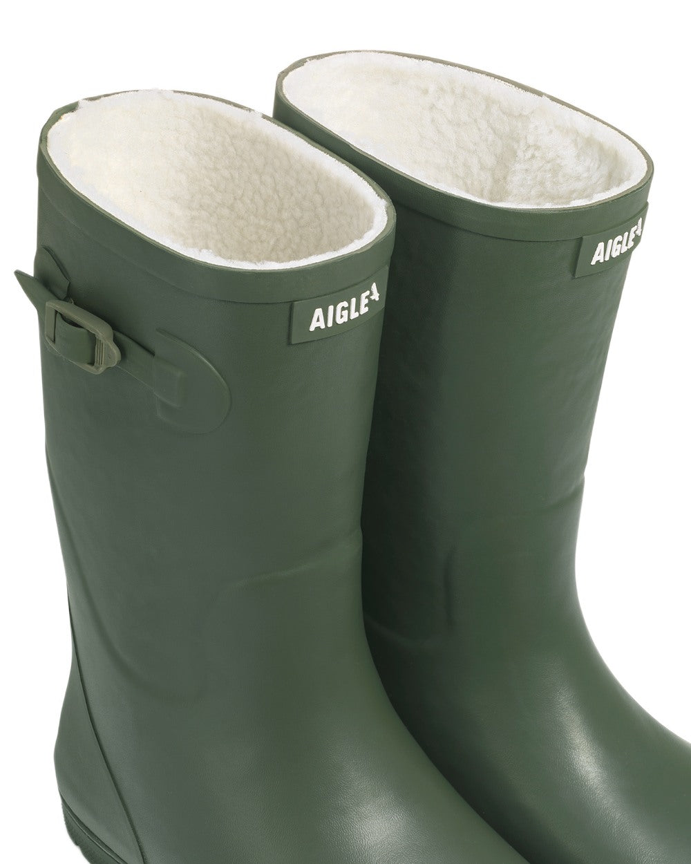 Khaki coloured Aigle Childrens Woody Pop Fur 2 Boots on white background 