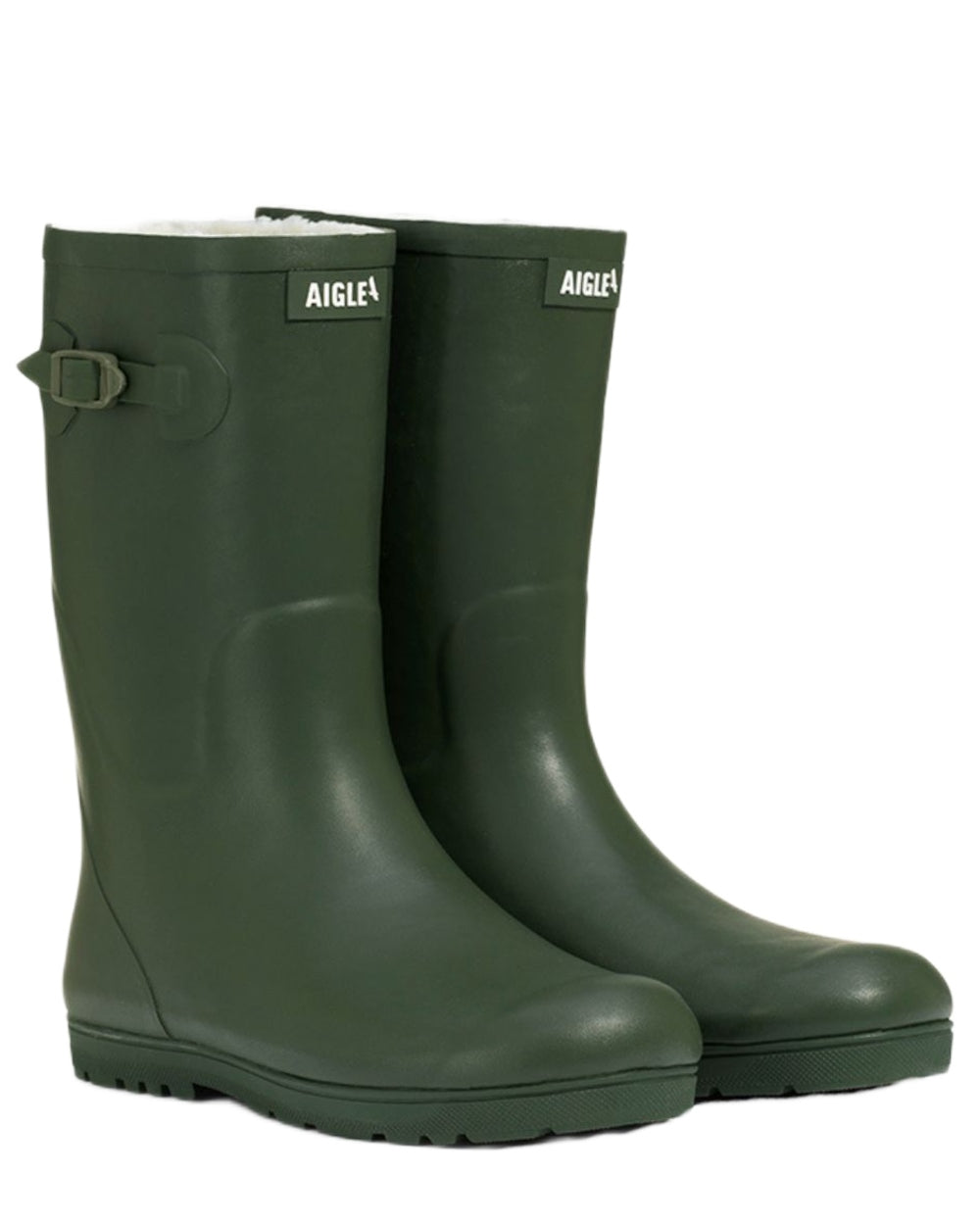 Khaki coloured Aigle Childrens Woody Pop Fur 2 Boots on white background 