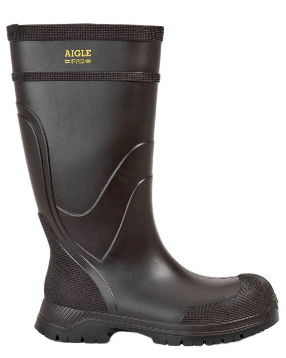 Brown coloured Aigle Mens Arvalt S5 Safety Wellingtons on white background 