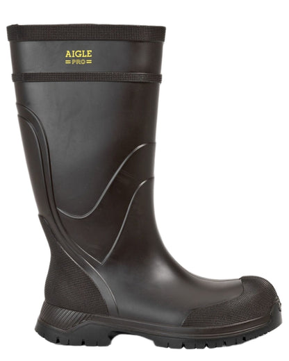 Brown coloured Aigle Mens Arvalt S5 Safety Wellingtons on white background 