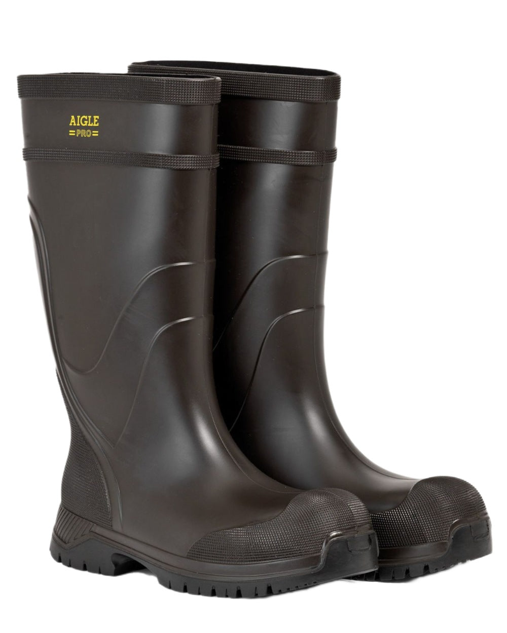 Brown coloured Aigle Mens Arvalt S5 Safety Wellingtons on white background 