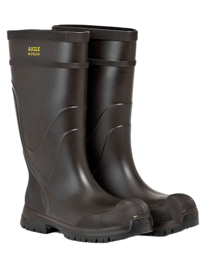 Brown coloured Aigle Mens Arvalt S5 Safety Wellingtons on white background 