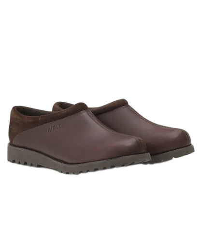 Dark Brown coloured Aigle Mens Basilo High Ultra Light Leather Clogs on white background 