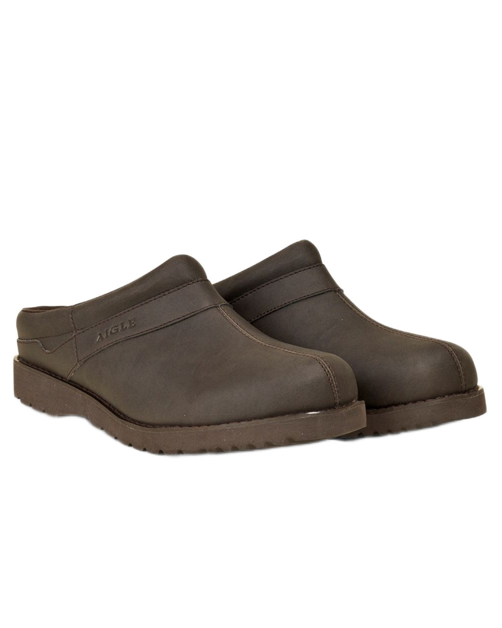 Dark Brown coloured Aigle Mens Basilon Ultra Light Leather Clogs on white background 