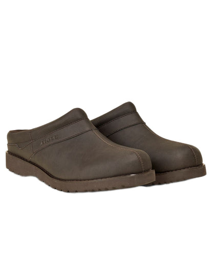 Dark Brown coloured Aigle Mens Basilon Ultra Light Leather Clogs on white background 