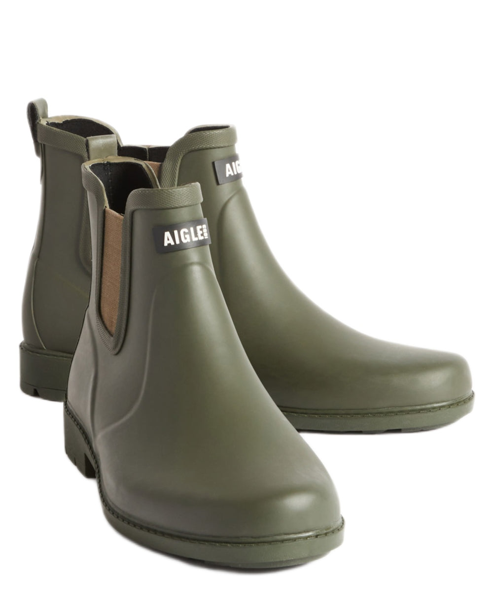 Khaki coloured Aigle Mens Carville M2 Ankle Wellingtons on white background 