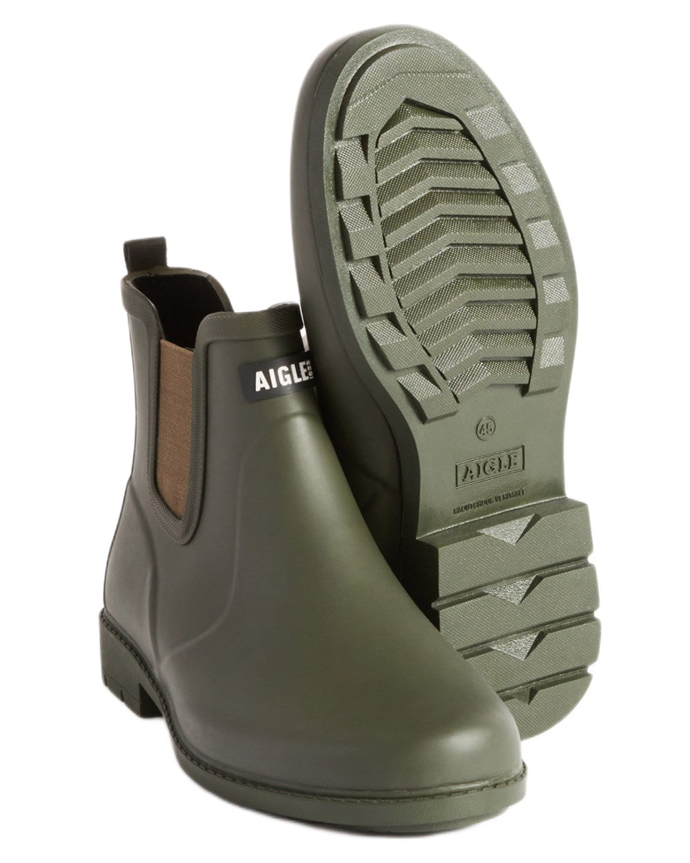 Khaki coloured Aigle Mens Carville M2 Ankle Wellingtons on white background 