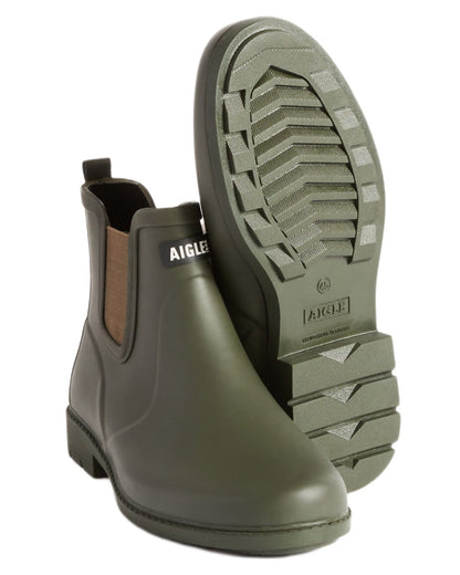 Khaki coloured Aigle Mens Carville M2 Ankle Wellingtons on white background 
