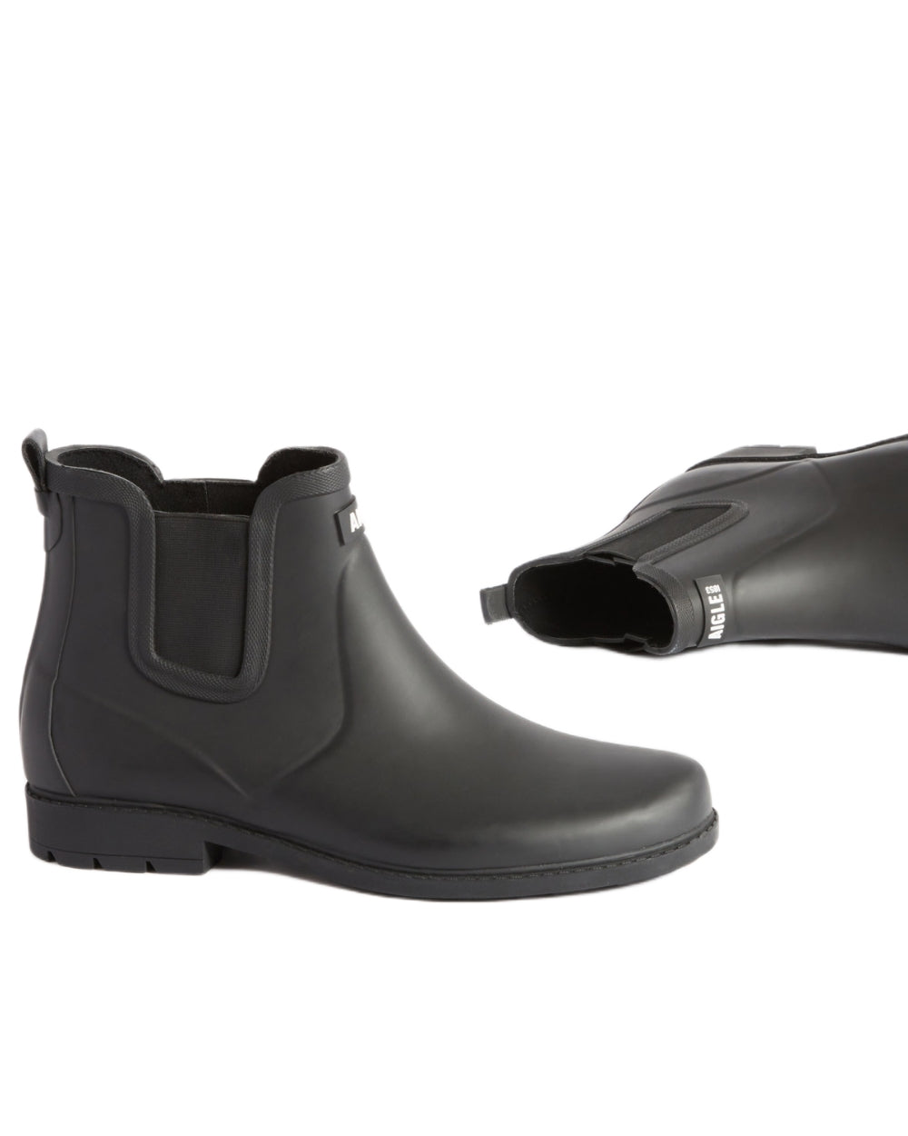 Noir coloured Aigle Mens Carville M2 Ankle Wellingtons on white background 