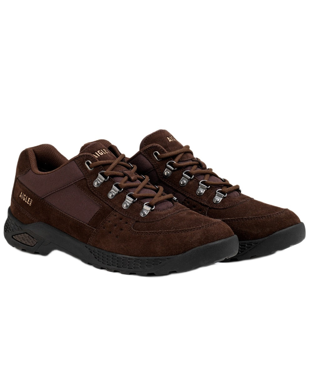 Brown coloured Aigle Mens Dolik Suede Leather Walking Shoes on white background 