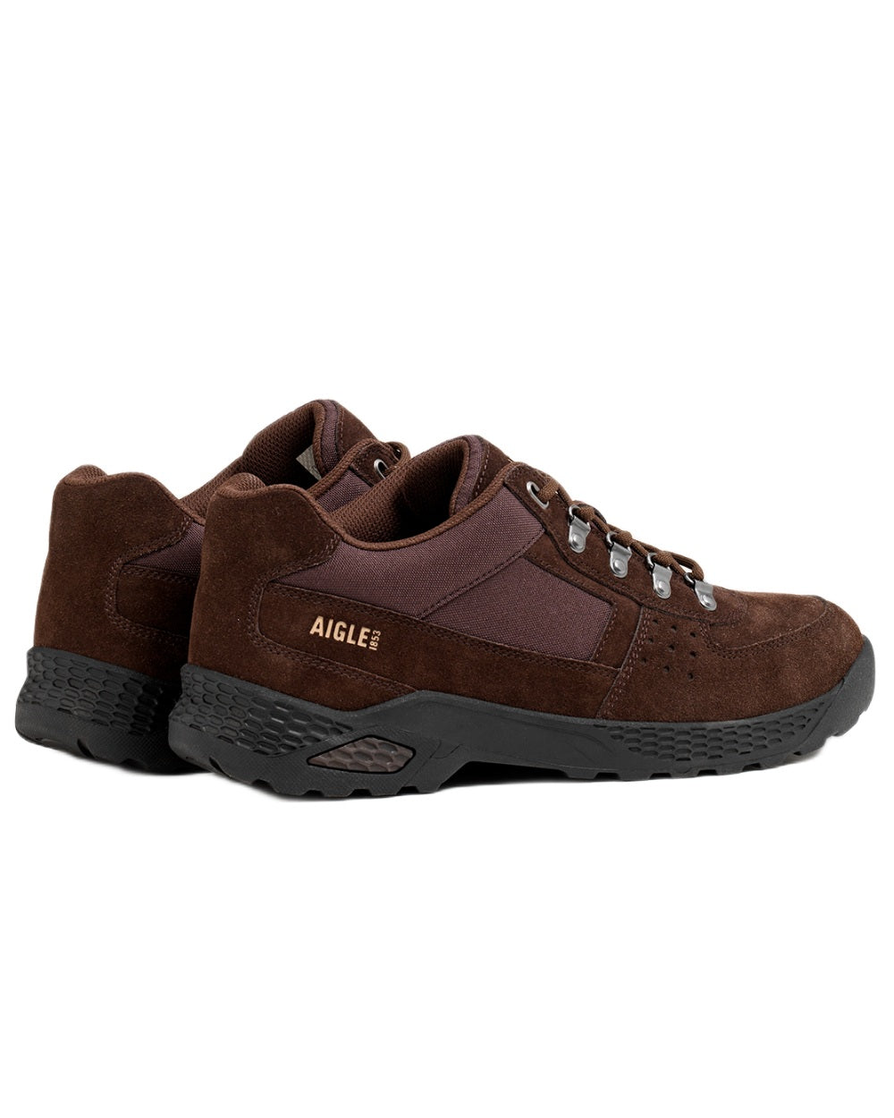 Brown coloured Aigle Mens Dolik Suede Leather Walking Shoes on white background 