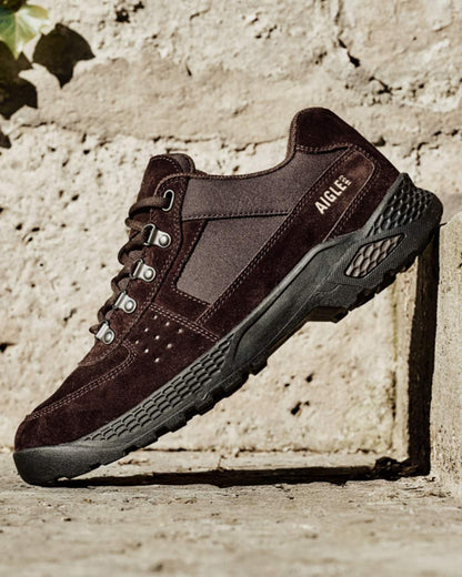 Brown coloured Aigle Mens Dolik Hiking Shoes on stone background 