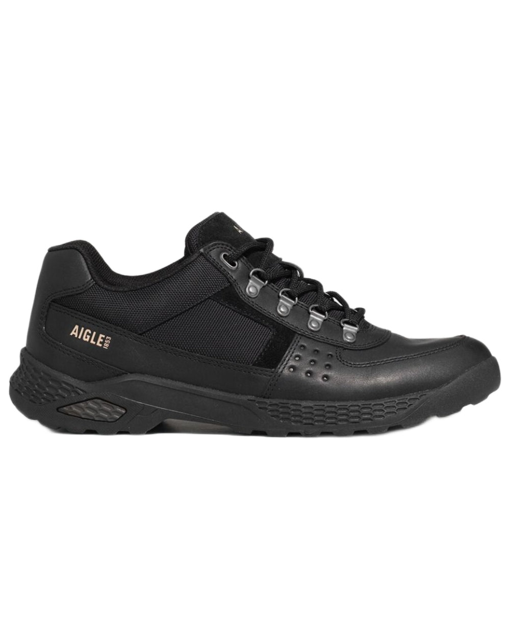 Noir coloured Aigle Mens Dolik Hiking Shoes on white background 