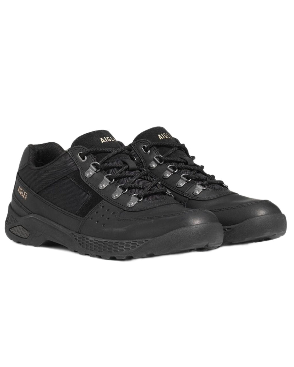 Noir coloured Aigle Mens Dolik Hiking Shoes on white background 