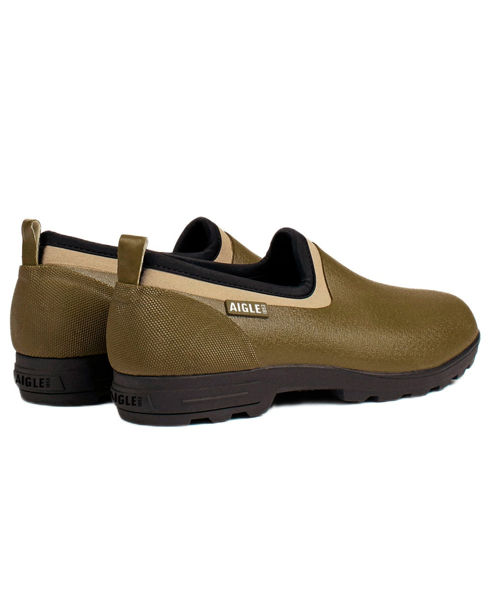 Khaki coloured Aigle Mens Lessfor Dual-Material Closed Clogs on white background 