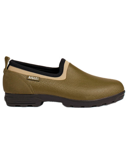 Khaki coloured Aigle Mens Dual-Material Closed Clogs on white background 