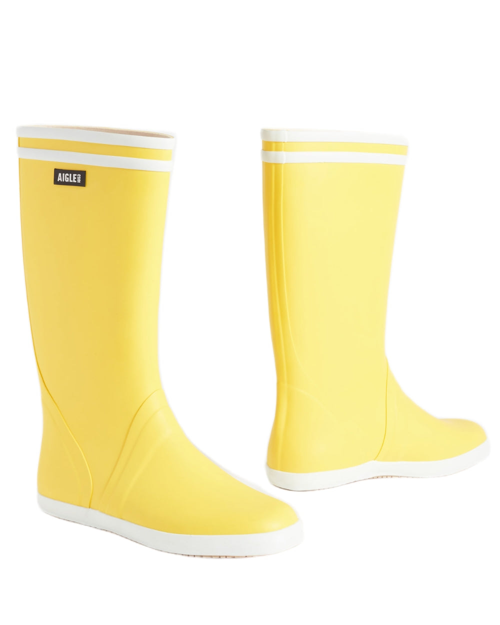 Jaune Blanc coloured Aigle Mens Goeland 2 Seaside Wellingtons on white background 