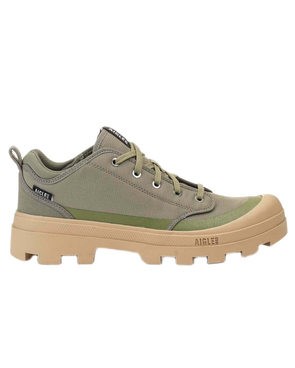 Khaki coloured Aigle Mens Iconic Walking Shoes on white background 