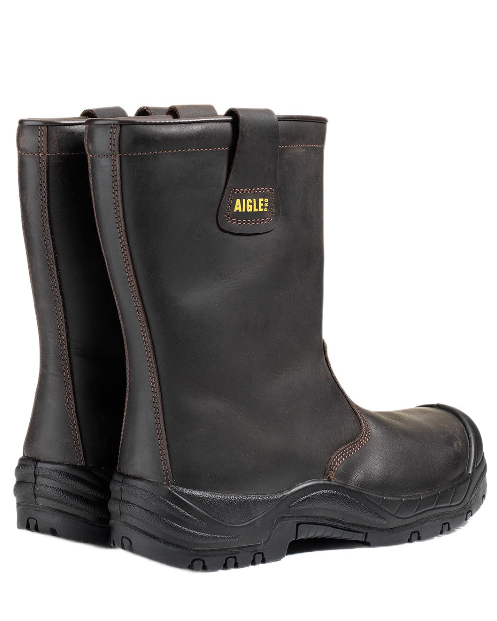 Dark Brown coloured Aigle Mens Iolar S3 Waterproof Insulated Leather Safety Boots on white background 
