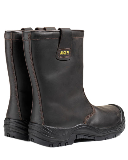 Dark Brown coloured Aigle Mens Iolar S3 Waterproof Insulated Leather Safety Boots on white background 