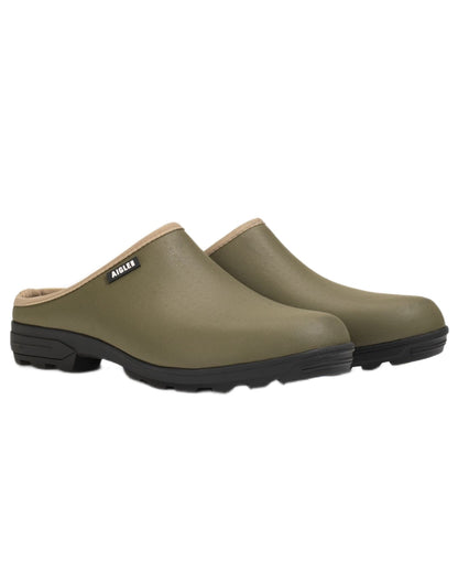 Khaki coloured Aigle Mens Lessfor Dual Material Open Clogs on white background 