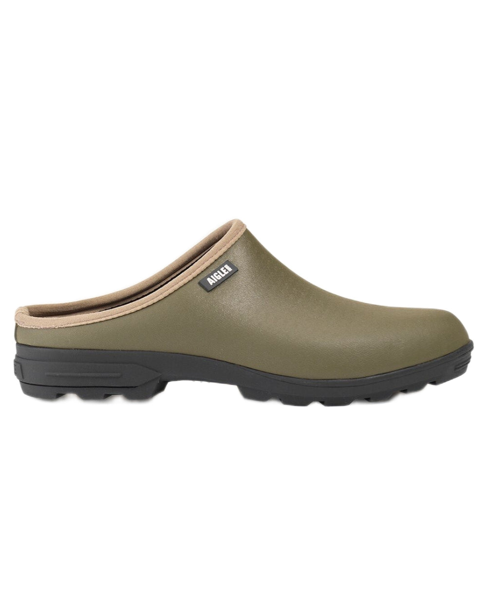 Khaki coloured Aigle Mens Lessfor Dual Material Open Clogs on white background 