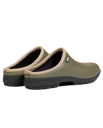 Khaki coloured Aigle Mens Lessfor Dual Material Open Clogs on white background 