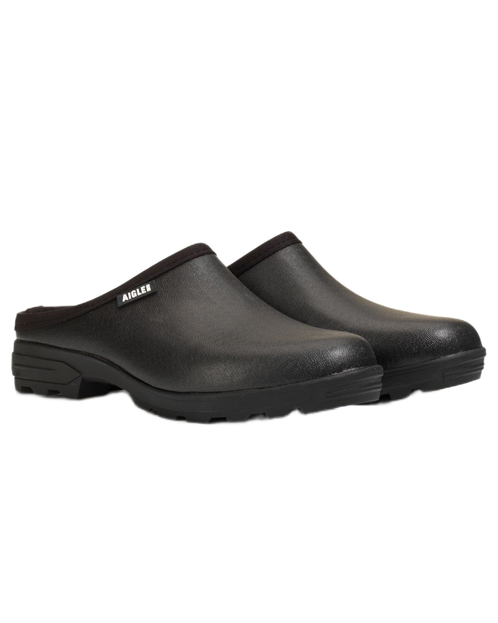 Noir coloured Aigle Mens Lessfor Dual Material Open Clogs on white background 