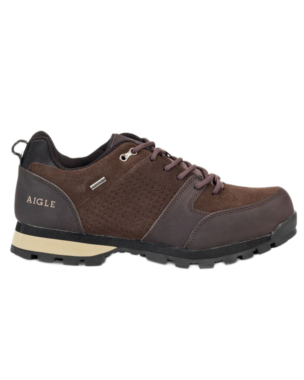 Expresso coloured Aigle Mens Plutno 2 Ultra Light Waterproof Leather Shoes on white background 