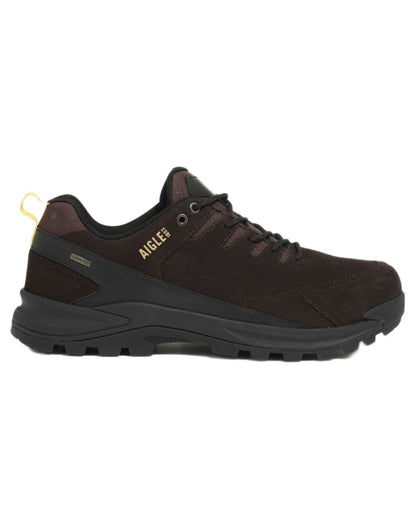 Expresso coloured Aigle Mens Plutno Waterproof Leather Walking Shoes on white background 